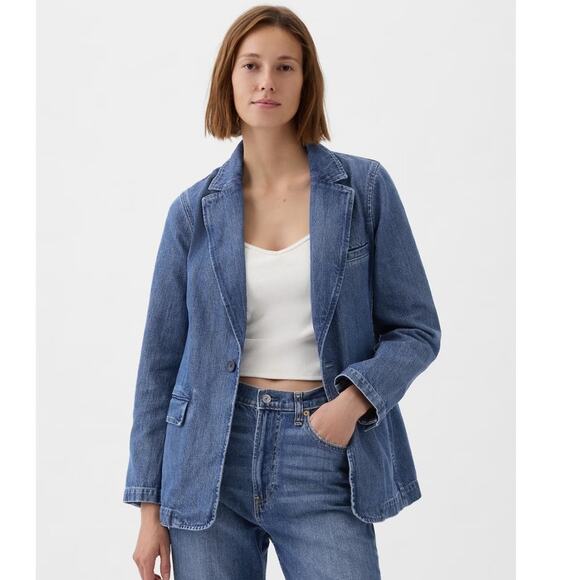 NWT Gap Blue Indigo Denim Blazer one button closing size medium - Picture 2 of 13
